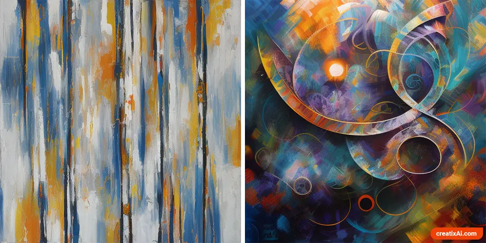 two examples of Abstract artwork generated with Stable Diffusion AI, showcasing vibrant colors, unique shapes, and expressive forms that evoke different emotions.