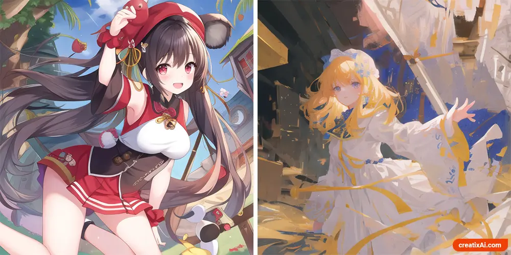 Two examples of Anime-style artworks generated with Stable Diffusion AI, featuring vibrant characters and dynamic poses reminiscent of popular anime series.