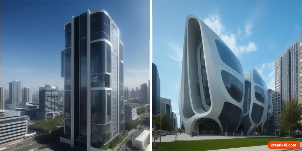 two examples of Innovative architectural designs generated with Stable Diffusion AI, showcasing futuristic and unconventional building concepts.