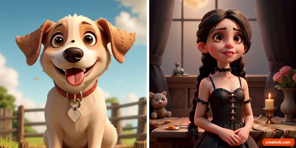 two examples of AI-generated cartoon-style artwork inspired by the iconic styles of Pixar, Disney, and other animation studios, perfect for creating vibrant and lively characters. A dog on the left and a gothic girl on the right.