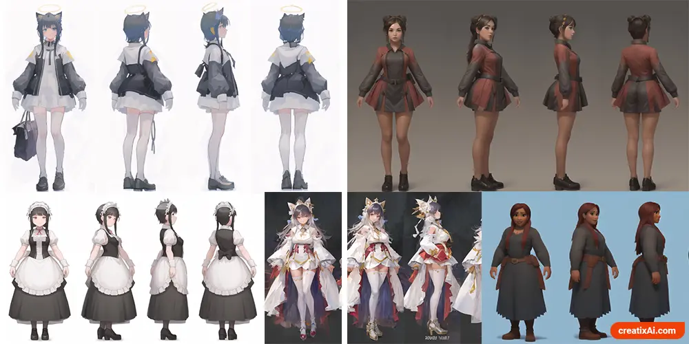 AI-generated character designs highlighting different artistic interpretations and styles, providing inspiration for character creation in various media.