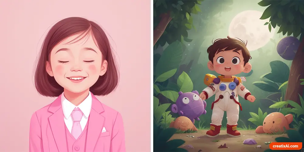 two Whimsical and imaginative illustrations for children's books generated with Stable Diffusion AI, featuring colorful characters and playful settings. On the left, a portrait of a young girl. On the right, a little boy wearing a spacesuit.