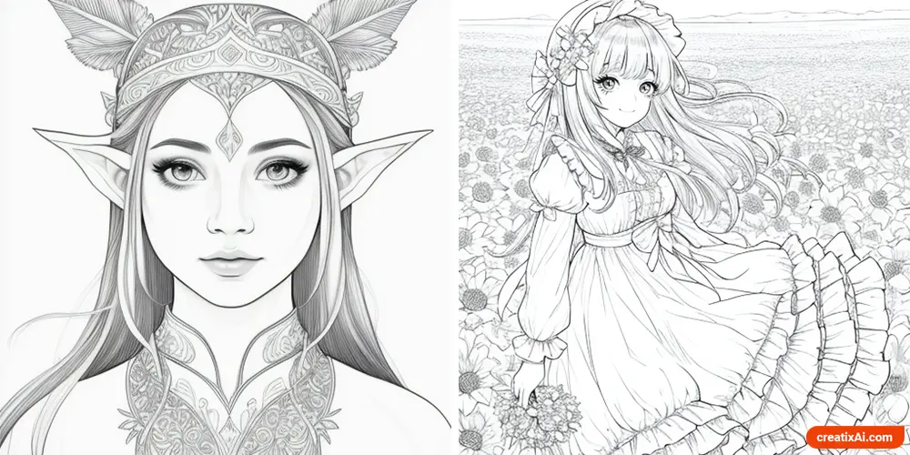 two Intricate coloring book page designs generated with Stable Diffusion Ai. On the left, an elf in semi-realistic style. On the right, anime outline coloring book.