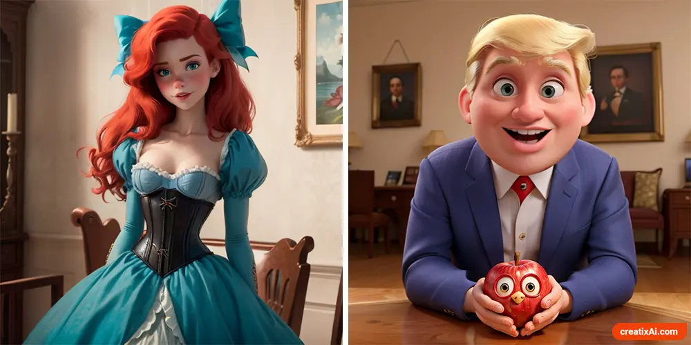 two examples of AI-generated fan art featuring famous actors and characters in unique situations or depicted in different art styles, allowing for creative reinterpretations. On the left, Ariel from the Little Mermaid in realistic painting style, and on the right Donald Trump as a Pixar cartoon chracter.