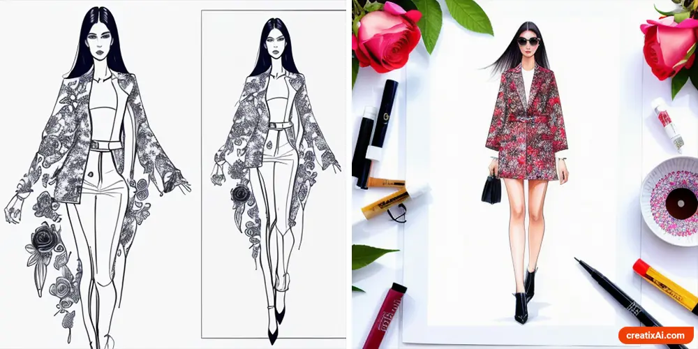 two examples of ai fashion design. Fashion-forward artwork generated with Stable Diffusion AI, serving as a source of inspiration for fashion designers and helping them explore new design possibilities.