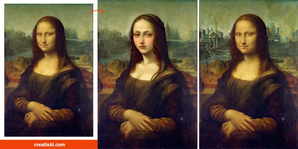 inpainting in stable diffusion examples on Mona Lisa. AI-generated images showcasing the ability to change and modify specific parts of an image to achieve a desired look or effect, offering creative possibilities for image manipulation.