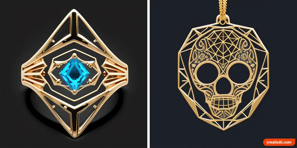 AI-generated jewelry images showcasing innovative and inspirational jewelry designs, offering fresh ideas for the next jewelry design project.

