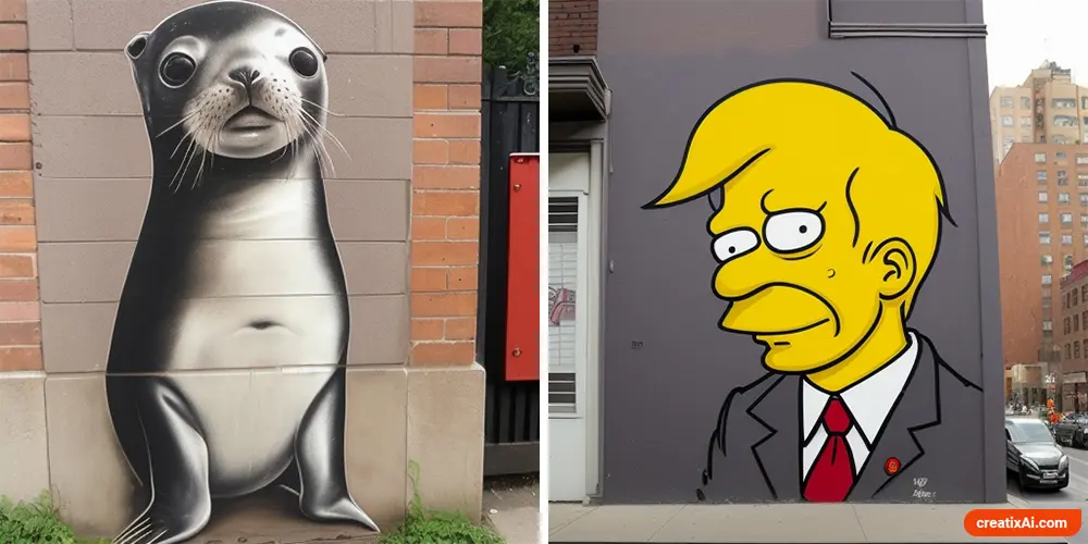 two examples of AI-generated street art showcasing colorful murals on buildings, pushing the boundaries of imagination and creativity.