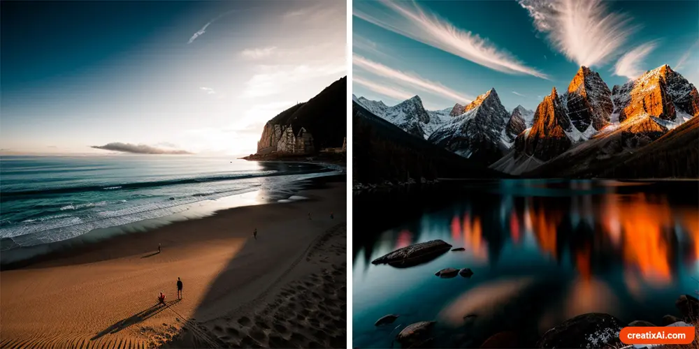 two examples of ai generated photos. Visually appealing photography images of landscapes, cities, and objects, suitable for sharing on social media platforms like Instagram for a visually engaging online presence.