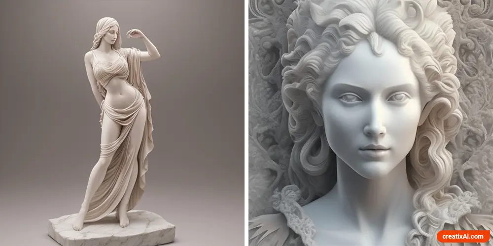 two examples of AI-generated images representing sculptures of various forms and styles, serving as references or for visual enjoyment.