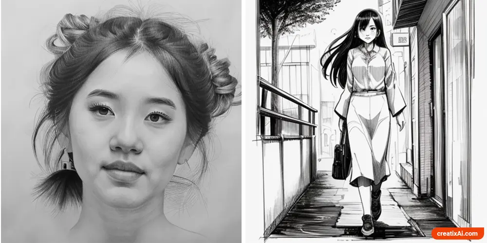 2 examples of ai generated art that looks like drawings. on the left, an ai-generated pencil portrait sketch, on the right, a full body woman drawn in ink or pen.