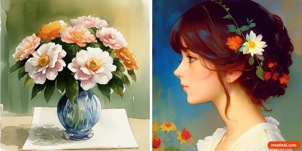 two traditional painting examples created using Stable Diffusion AI. They resemble traditional painting. On the left, a still life bouquet of flowers in watercolor, and on the right a painted portrait of a woman in acrylics.