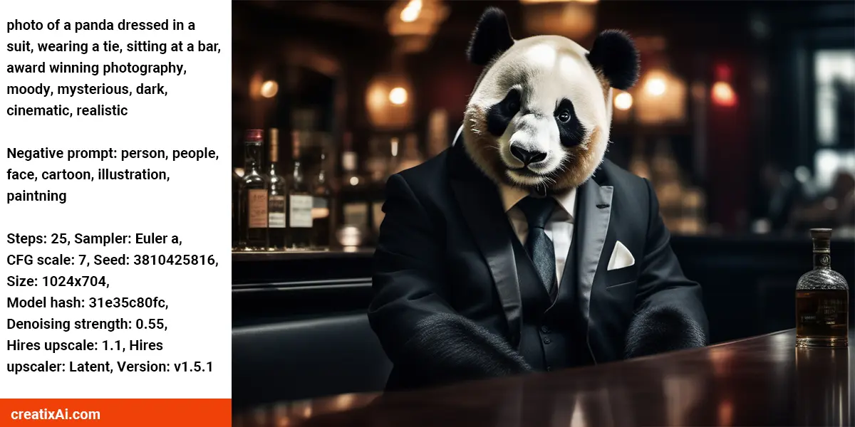 Stable Diffusion XL SDXL prompt ideas: panda in a suit.