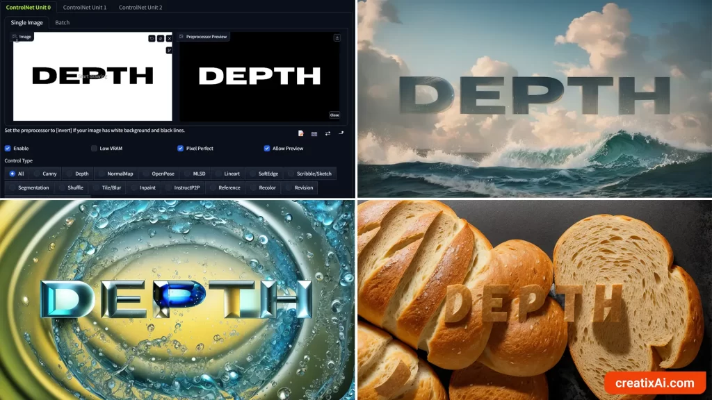 ControlNet Depth stylizing text as bread or water