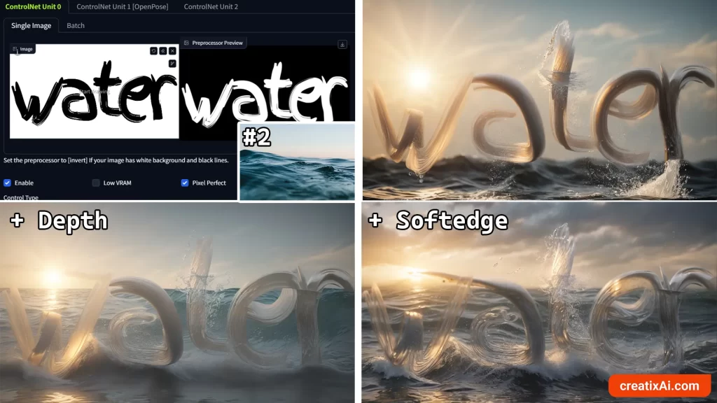 Multiple ControlNet Depth Text Effects Examples